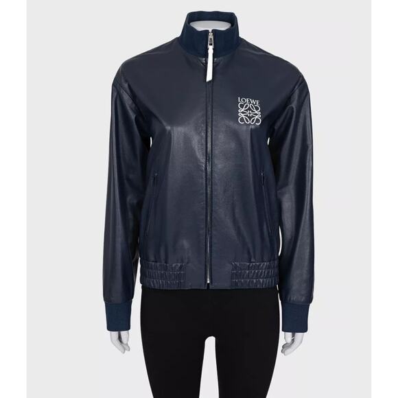 Loewe Blue Leather Jacket with Logo Detail Sz.38/M - Picture 1 of 4